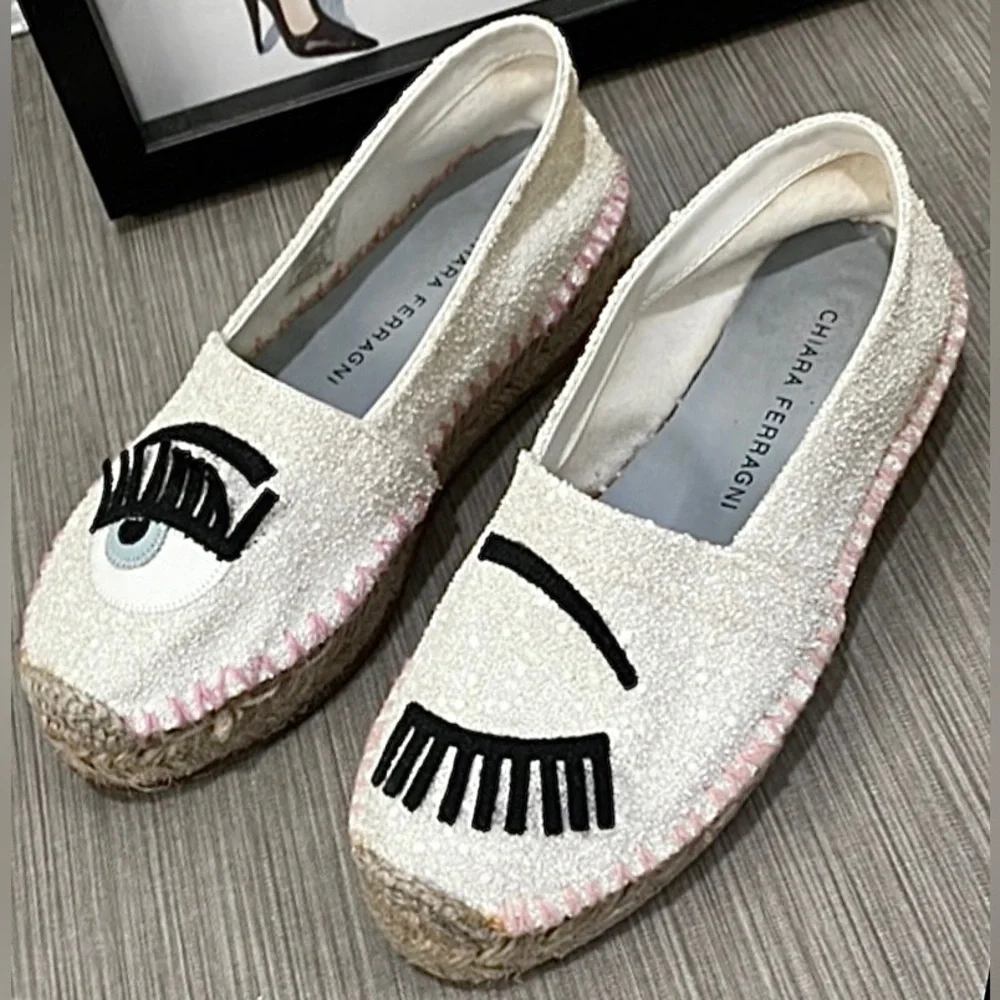 Chiara Ferragni Espadrille Jute Platforms w/ Winking Eye White  Glitter Size 5